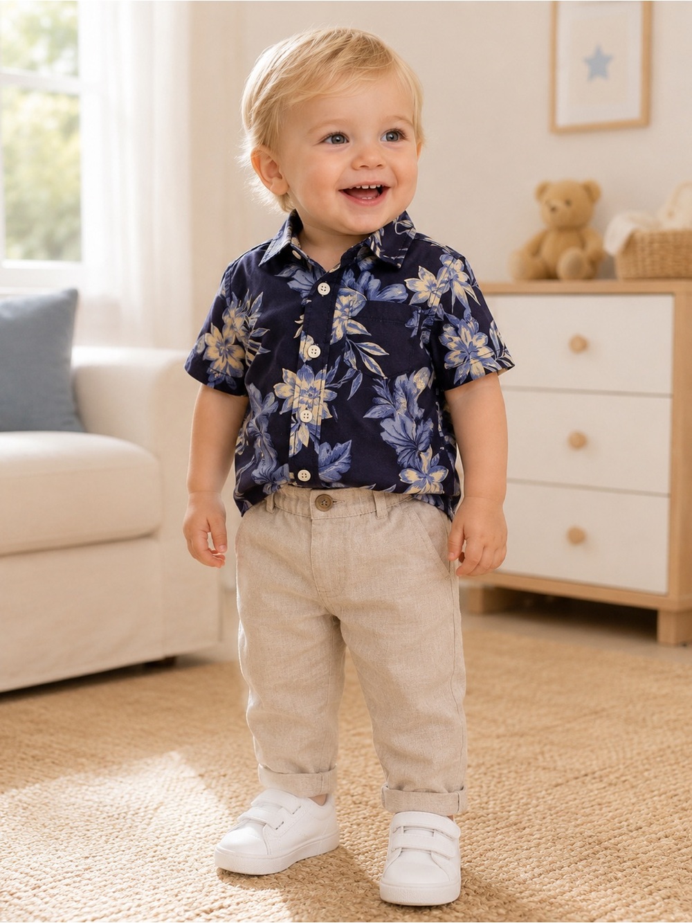Janie and Jack Navy Floral Short-Sleeve Button-Down Shirt